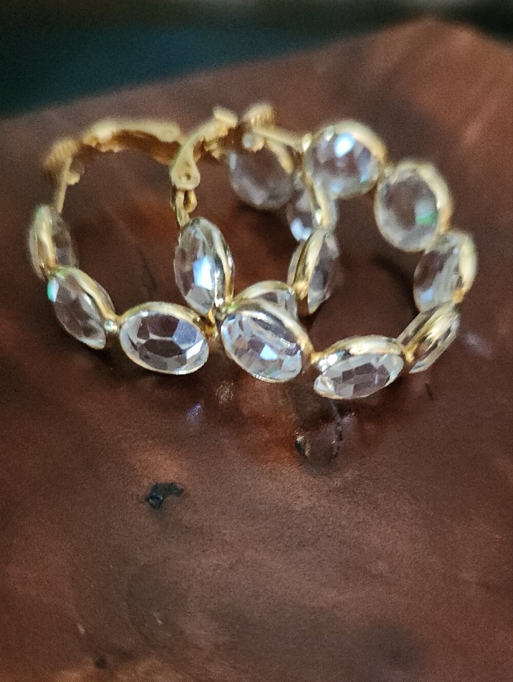 Gold Hoop Earrings with Clear Faceted Crystals Stones EUC